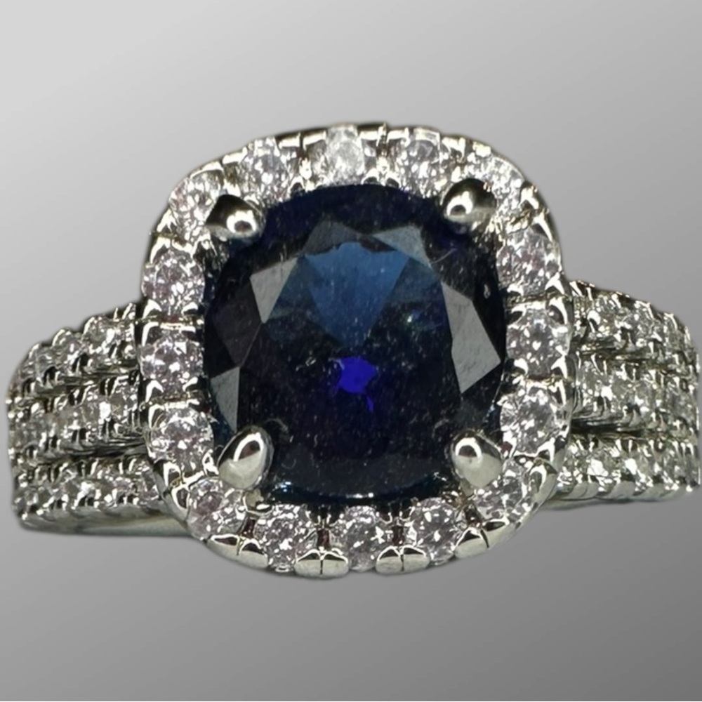Blue Sapphire Look Halo Ring Sz 9 Silver Tone Cushion Cut Statement Fashion